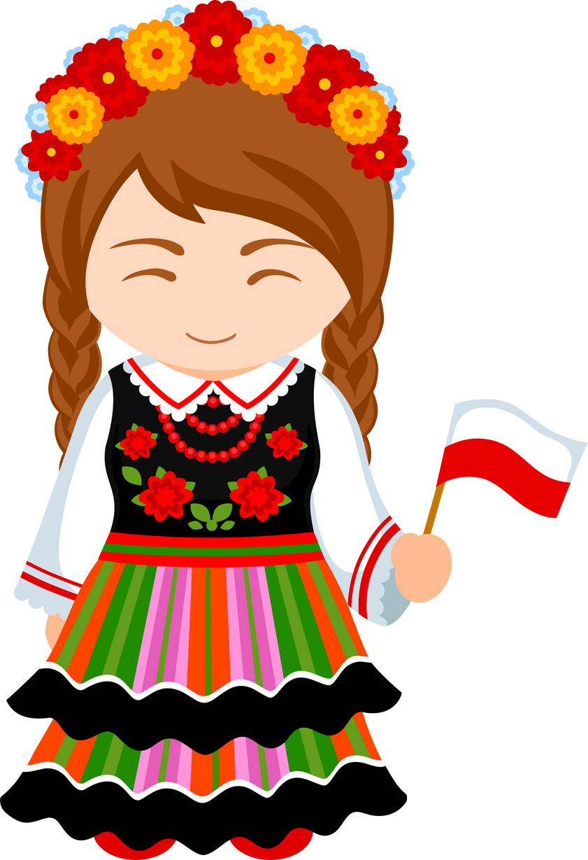 Woman in Poland ethnic dress with national flag.